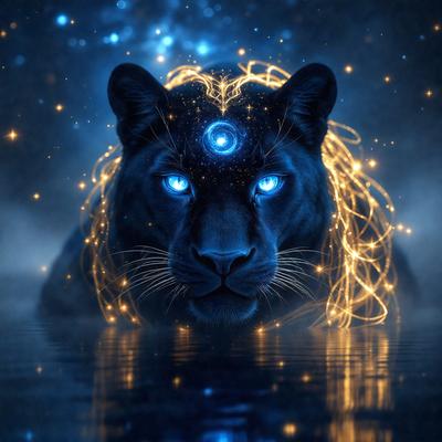 The primary subject of the image is a black cat with blue eyes. The cat is sitting in a body of water, possibly a lake, and is surrounded by a blue and white background. The visual style of the image is a digital art or illustration, with the cat's eyes glowing blue. The overall atmosphere of the image is serene and peaceful, with the cat seemingly enjoying its time in the water.